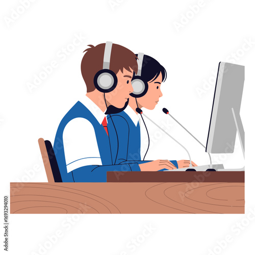 Flat vector illustration of a boy and a girl in uniform attending a language class using headphones in a language laboratory. Plain white background.