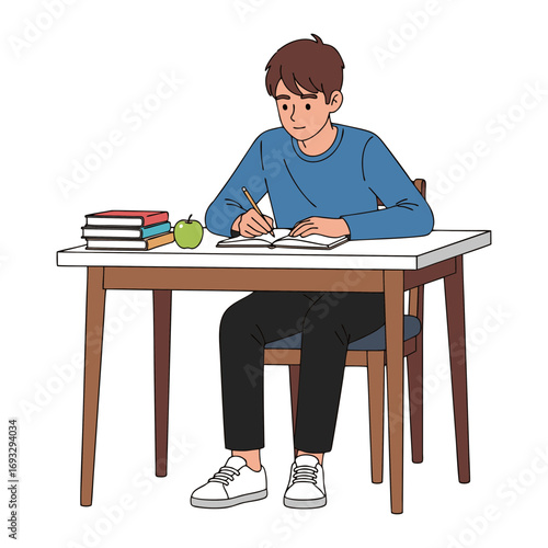 Vector illustration of a teenager writing something on a table with a pile of books beside him. Isolated on a white background.