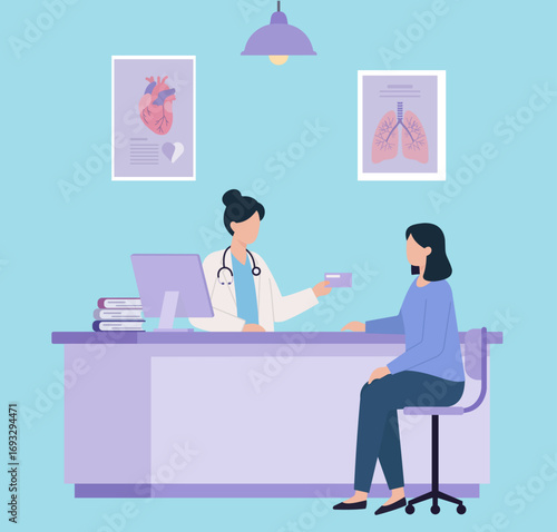 A female doctor gives a prescription to a patient during a medical consultation in a clinic. Flat vector illustration of healthcare and patient care
