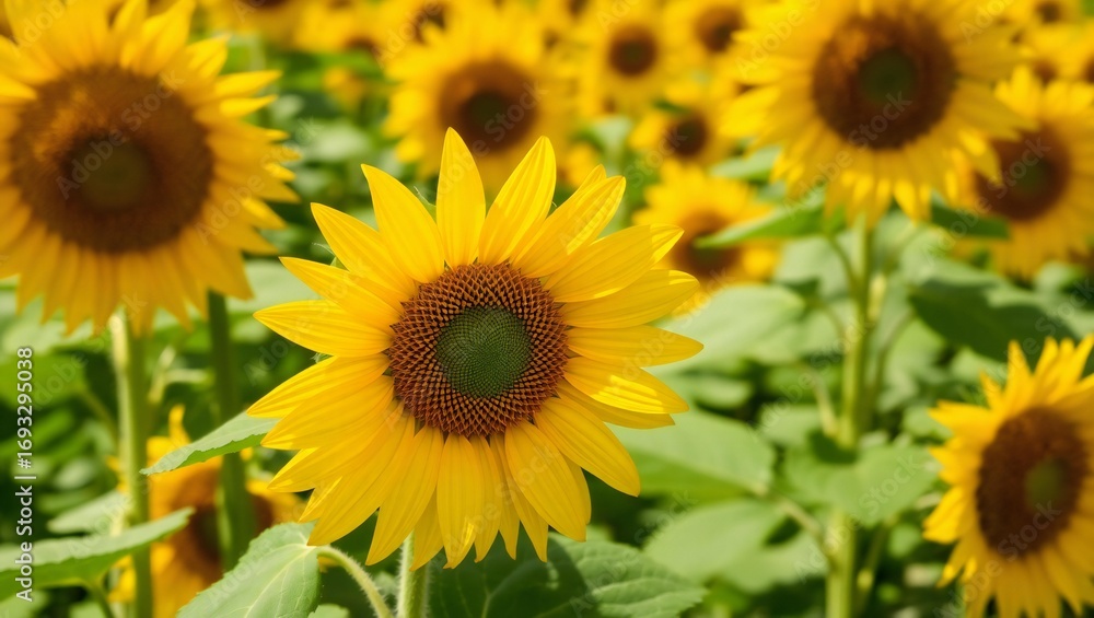 Naklejka premium A field of bright yellow sunflowers in full bloom on a sunny day