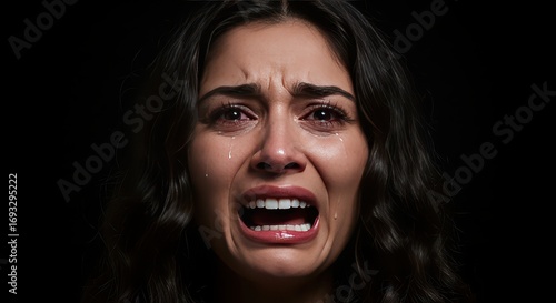 Silent Tears: A close-up portrayal of raw emotion, capturing a woman's poignant anguish as tears stream down her face, encapsulating vulnerability and deep sorrow.