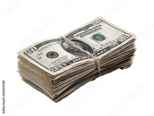Stack of US currency, tied with rubber band.  A substantial bundle of twenty-dollar bills