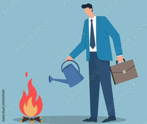 A businessman extinguishes a fire with a watering can, a metaphor for problem-solving, crisis management, or killing a new idea in a corporate setting