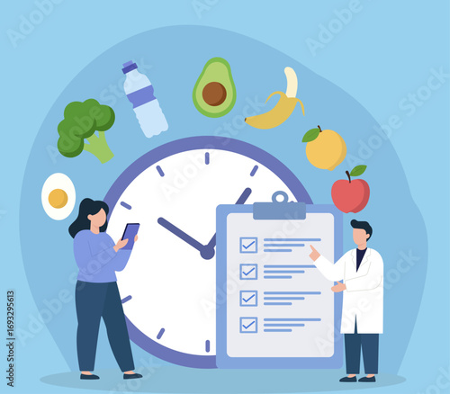 A nutritionist explains a personalized diet plan and meal schedule. Concept of healthy eating, time management, and professional health consultation
