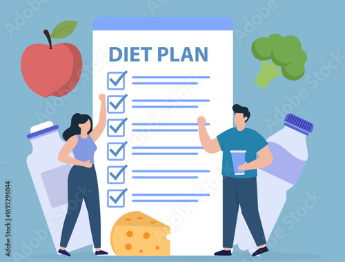 A couple follows a diet plan checklist surrounded by healthy foods. This flat vector concept represents nutrition, wellness, and achieving health goals
