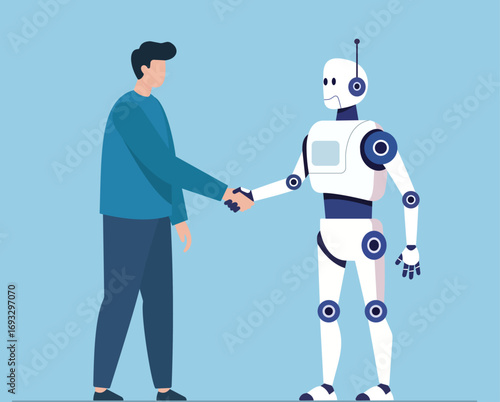 A man and a robot shake hands, symbolizing the collaboration and partnership between humanity and artificial intelligence in this flat vector illustration