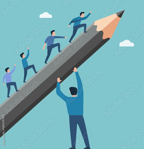 A team climbs a large pencil held by a leader, symbolizing collaborative growth, mentorship, and achieving success through knowledge and support