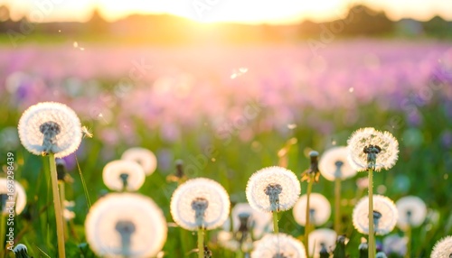 Field of dandelions at sunset. Soft focus, bright light