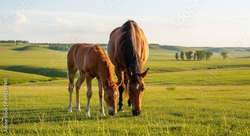 A brown mare and her foal graze peacefully in a lush green meadow under a bright, sunny sky.