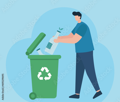 A man puts a bottle into a green recycling bin, illustrating waste sorting, sustainability, and environmental responsibility in a flat vector style