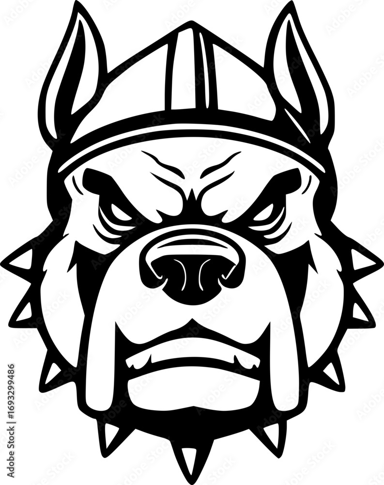 Obraz premium Bull dog head with helmet764 monochrome black and white illustration artwork design strength protection courage vector graphic animal pet portrait military sport art logo emblem tattoo sticker decal p