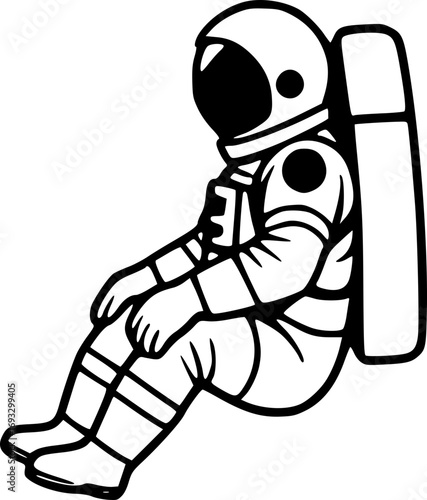 Astronaut sitting down monochrome illustration space exploration galaxy universe minimalism simplicity black and white artwork cosmic figure seated alone calm serene solitude