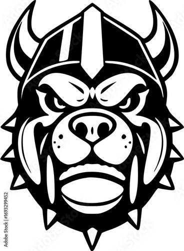 Bulldog head with helmet monochrome black and white illustration design vector art graphic minimalist style pet animal strength courage protection warrior military theme