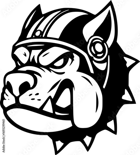 Bulldog head with helmet monochrome illustration art graphic design vector strength courage mascot emblem minimalist vintage black and white line art tough patriotism heroic warrior pet portrait style