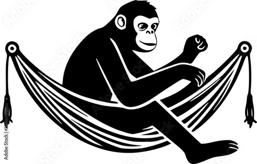 A monochrome illustration of a monkey relaxing in a hammock surrounded by trees in a peaceful jungle environment