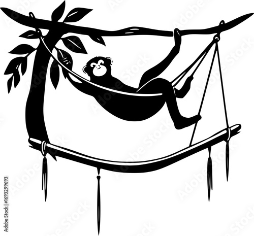 Monkey Relaxing in a Hammock Monochrome Minimalist Black and White Illustration Art