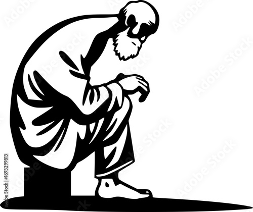 Old man sitting down in a monochrome black and white illustration with vintage minimalist line art style depicting a senior in contemplative solitude perfect for wall art graphic design and printable