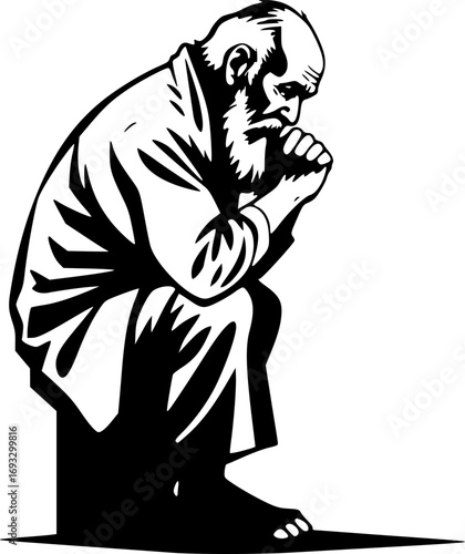 Old man sitting down monochrome illustration black and white artwork elderly male figure resting simple design line art minimalistic style senior adult portrait calm serene mood