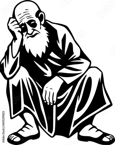 Old man sitting down monochrome illustration black and white artwork elderly male figure resting simple design line art minimalistic style senior adult portrait calm serene mood