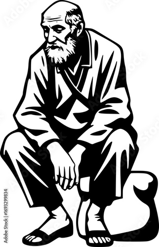Old man sitting down in a monochrome black and white illustration with vintage minimalist line art style depicting a senior in contemplative solitude perfect for wall art graphic design and printable
