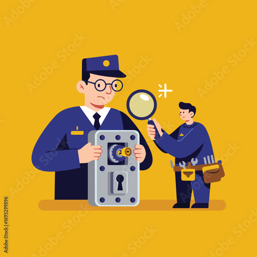 Lock inspection with police officer and repairman with magnifier