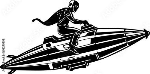 Monochrome retro futuristic starship spacecraft riding adventure space travel exploration cosmic astronomy sci-fi vector illustration art design graphic black and white minimalist decorative print dig