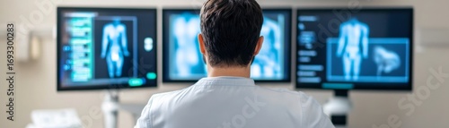 Doctor Analyzing Body Scans on Multiple Monitors, Medical , Healthcare