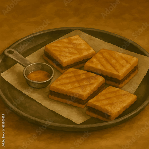Delicious makrout toasted sandwiches with a savory filling and a side of sauce, perfect for a hearty lunch or brunch at your favorite cafe