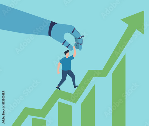 A robot hand helps a man walk up a rising chart, symbolizing how technology and AI assist human progress, career growth, and business success