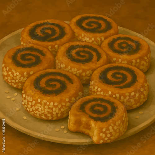 Delicious makrout sesame rolls with a swirl of flavor, perfect for a tempting snack or dessert, capturing the warmth and comfort of homemade treats
