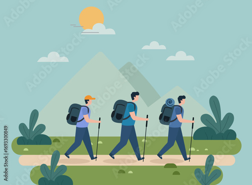 Three friends hike a mountain trail with backpacks and poles. This flat vector illustration depicts outdoor adventure, teamwork, and exploring nature