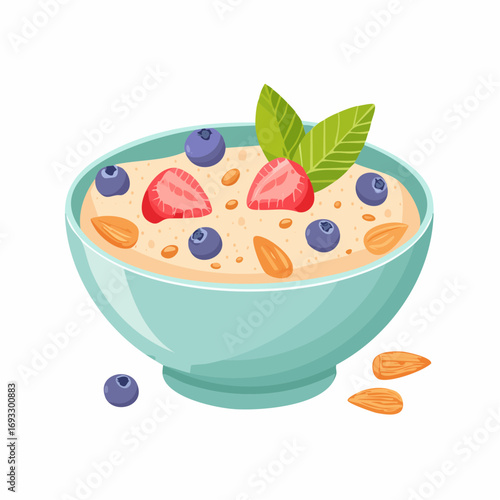 Simple Flat Illustration of Oatmeal Cereal Bowl with Berries and Almonds