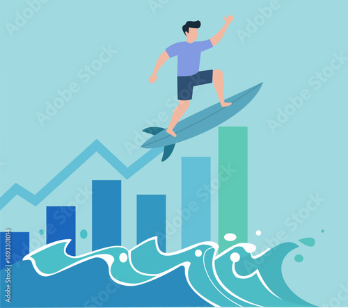 A man surfs on a rising financial graph, a metaphor for successfully navigating market trends, riding the wave of growth, and achieving business success