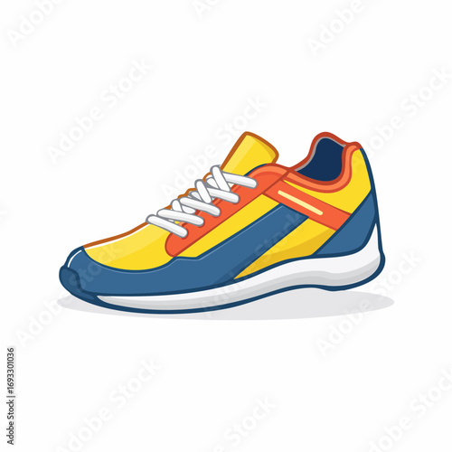 Stylish Flat Cartoon Running Shoe Graphic with Detailed Yellow and Blue Design