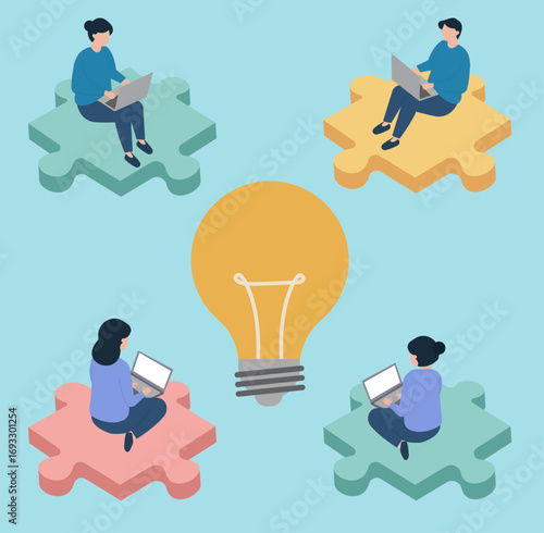 A team on individual puzzle pieces works on laptops around a central lightbulb, symbolizing collaborative innovation and collective problem-solving