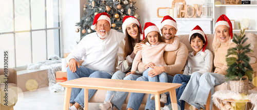 Big family in Santa hats si...