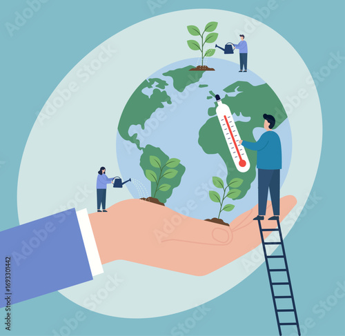 A conceptual illustration of humanity's role in nurturing the Earth and monitoring climate change, symbolizing environmental responsibility and action