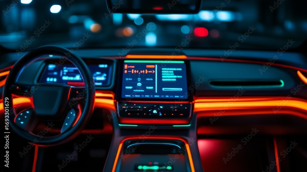 Naklejka premium Futuristic Car Interior at Night, Glowing Dashboard, car, technology