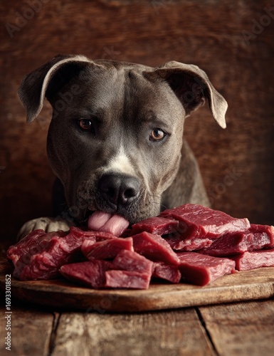 Gray dog intently eating raw meat