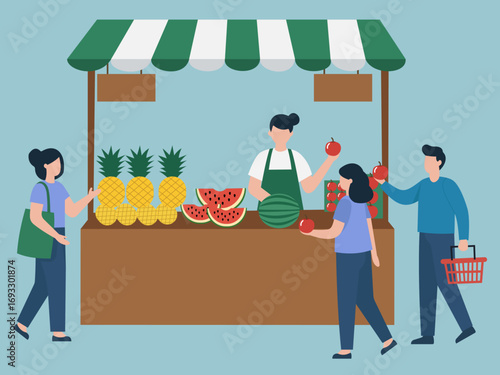 A flat vector illustration of people buying fresh fruit like apples, pineapples, and watermelon from a vendor at an outdoor farmers' market stall