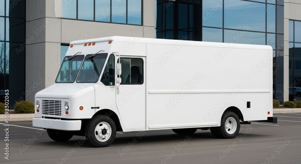 Naklejka premium A pristine white delivery truck parked in front of a modern office building, showcasing its clean lines.