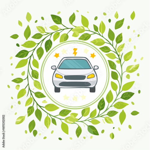 Green auto with leaves, a cartoon vector illustration of an eco-friendly transport symbol