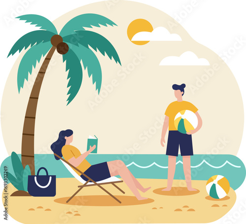 A couple enjoys a relaxing summer vacation on a tropical beach. The woman reads a book in a chair while the man stands nearby with a beach ball