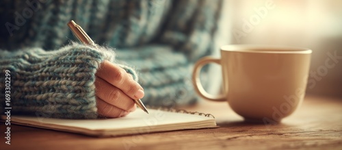 Person writing in notebook with pen, coffee mug on a wooden table