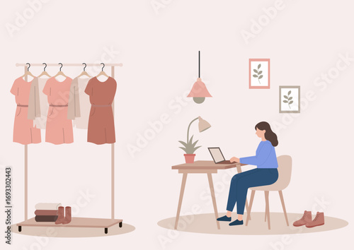A woman works from her home office on a laptop, likely running a fashion business or blog, with a clothing rack nearby