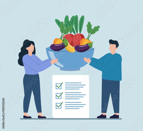 A couple holds a bowl of vegetables over a completed checklist, symbolizing teamwork, successful meal planning, and achieving healthy eating goals