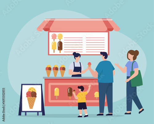 A family with a child buys ice cream from a vendor at a street food stall. This flat vector illustration captures a happy, sweet moment of summer leisure