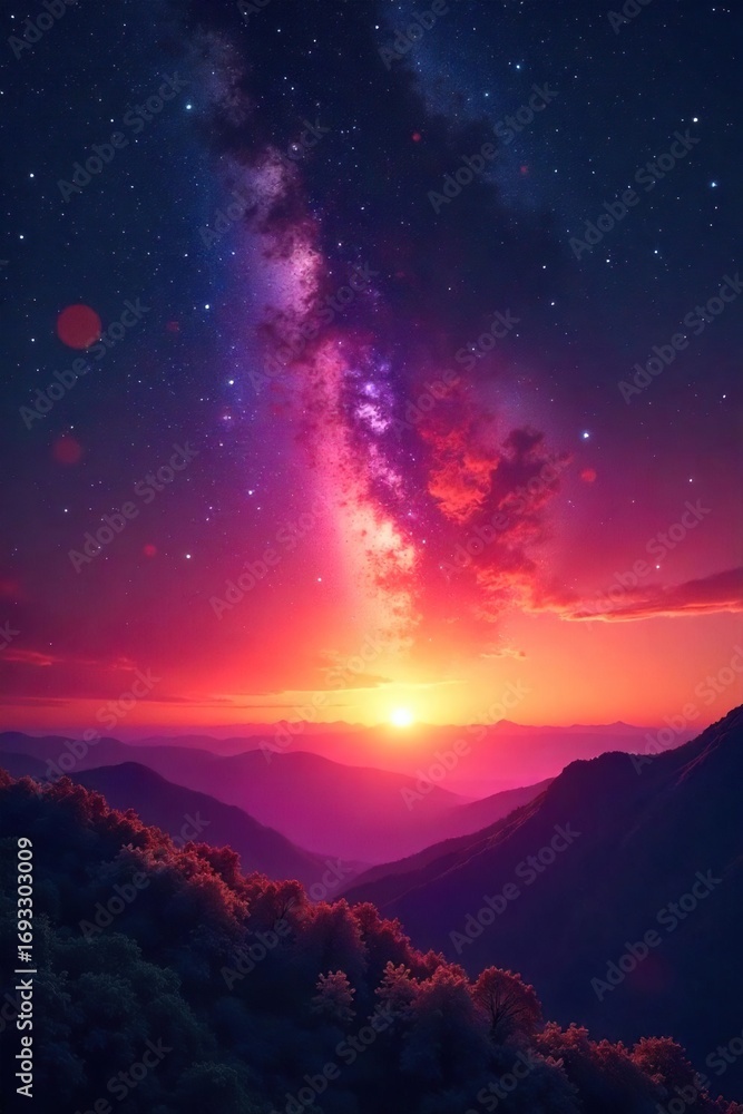 Fototapeta premium Serene sunrise paints the vast, star-studded sky with vibrant hues of orange and pink as a new cosmic day begins A breathtaking view of the universe waking up , mystical, interstellar