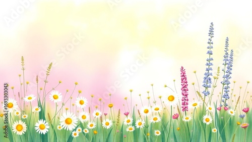 Soft focus watercolor painting of a field of wildflowers with a bright sky