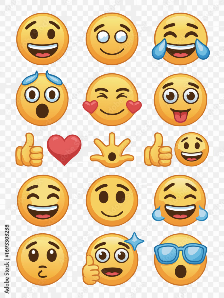 Obraz premium A collection of diverse and expressive emoji faces showcasing a range of emotions, including happiness, surprise, love, and amusement, on transparent background